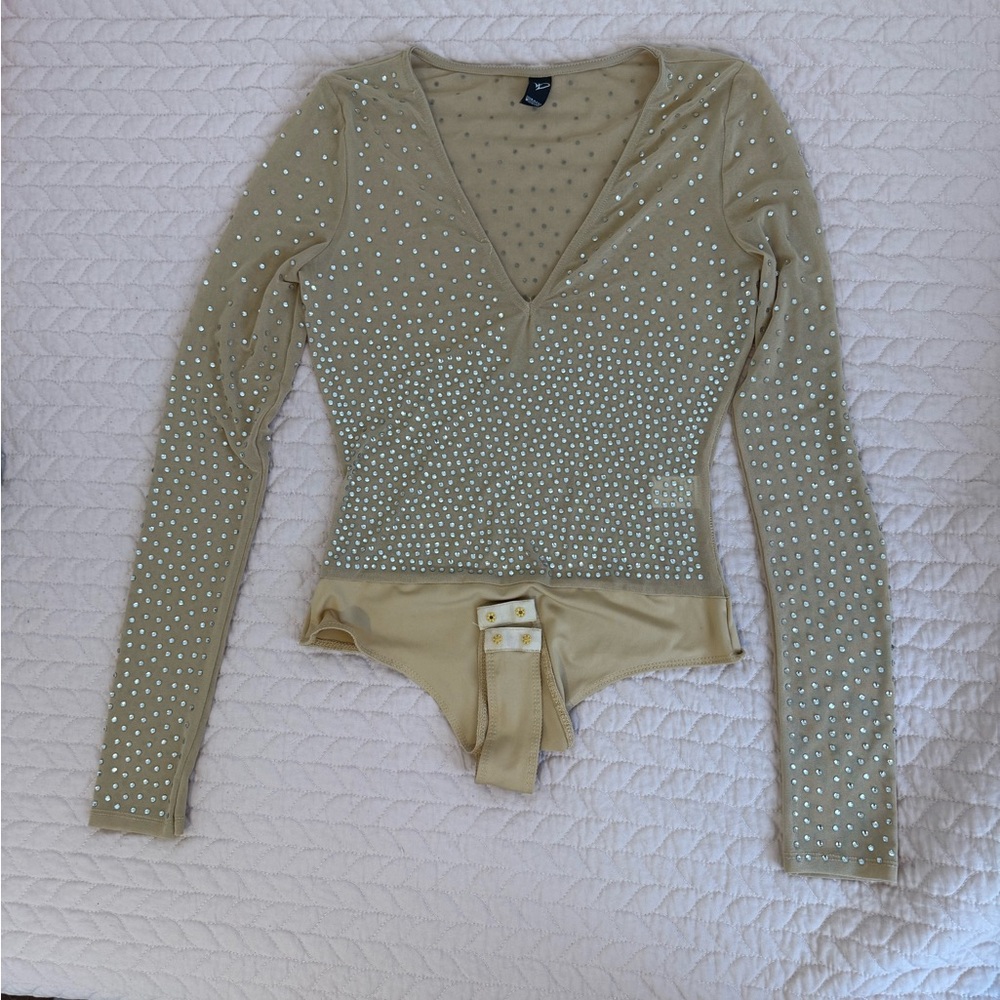 Windsor Beige Long-Sleeve Rhinestone V-Neck Bodysuit